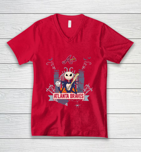 MLB Atlanta Braves Baseball Jack Skellington Halloween V-Neck T-Shirt 6