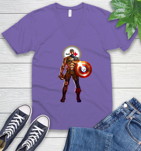 NFL Captain America Marvel Avengers Endgame Football Sports Pittsburgh Steelers V-Neck T-Shirt 10