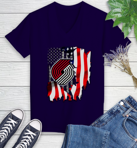 Portland Trail Blazers NBA Basketball American Flag Women's V-Neck T-Shirt 3