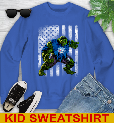 Philadelphia 76ers Hulk Marvel Avengers NBA Basketball American Flag Youth Sweatshirt 6