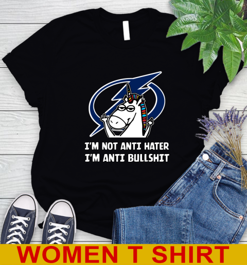 Tampa Bay Lightning NHL Hockey Unicorn I'm Not Anti Hater I'm Anti Bullshit Women's T-Shirt 2