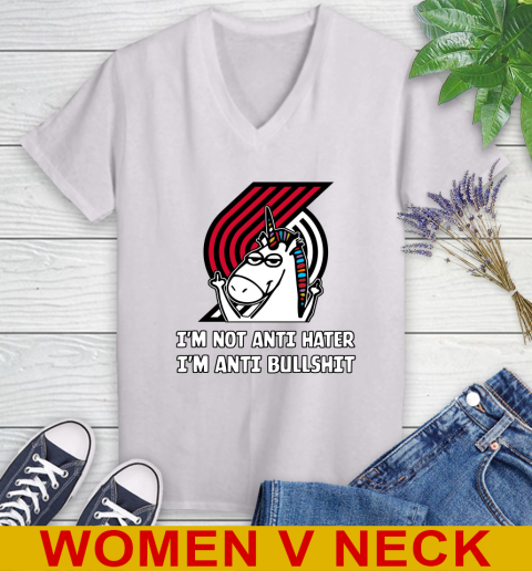 Portland Trail Blazers NBA Basketball Unicorn I'm Not Anti Hater I'm Anti Bullshit Women's V-Neck T-Shirt