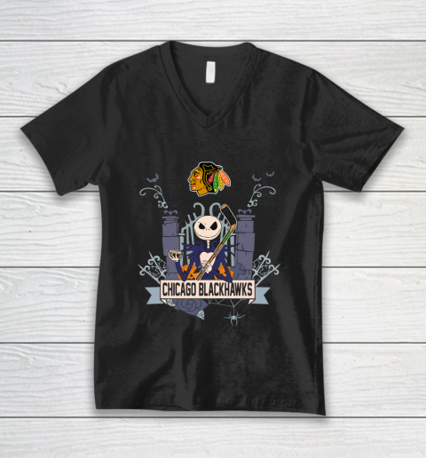 NHL Chicago Blackhawks Hockey Jack Skellington Halloween V-Neck T-Shirt