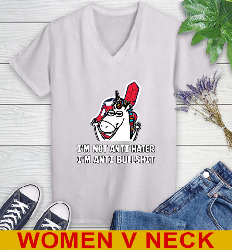 Cleveland Indians MLB Baseball Unicorn I'm Not Anti Hater I'm Anti Bullshit Women's V-Neck T-Shirt