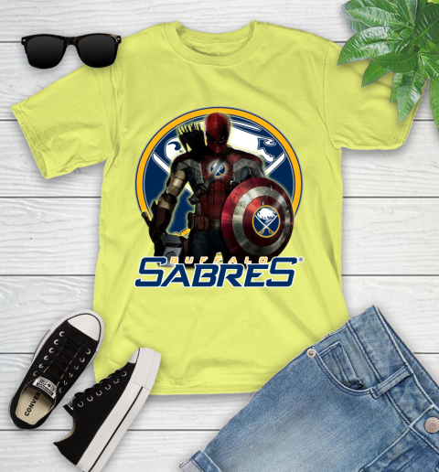 NHL Captain America Thor Spider Man Hawkeye Avengers Endgame Hockey Buffalo Sabres Youth T-Shirt 8
