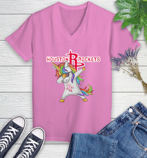 Houston Rockets NBA Basketball Funny Unicorn Dabbing Sports Women's V-Neck T-Shirt 14