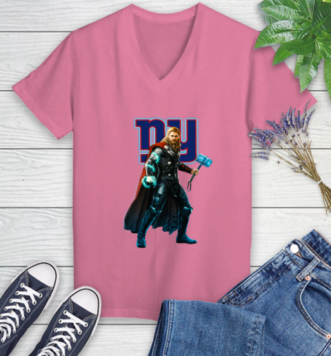 NFL Thor Avengers Endgame Football New York Giants Women's V-Neck T-Shirt 13