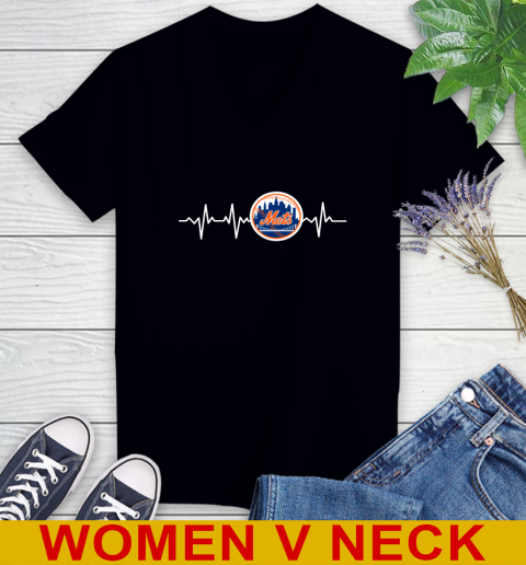 New York Mets MLB Baseball Heart Beat Shirt Women's V-Neck T-Shirt