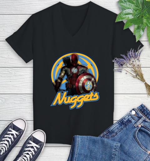 Denver Nuggets NBA Basketball Captain America Thor Spider Man Hawkeye Avengers Women's V-Neck T-Shirt 2