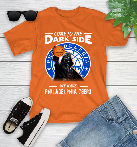 NBA Come To The Dark Side We Have Philadelphia 76ers Star Wars Darth Vader Basketball Youth T-Shirt 9