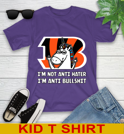 Cincinnati Bengals NFL Football Unicorn I'm Not Anti Hater I'm Anti Bullshit Youth T-Shirt 4