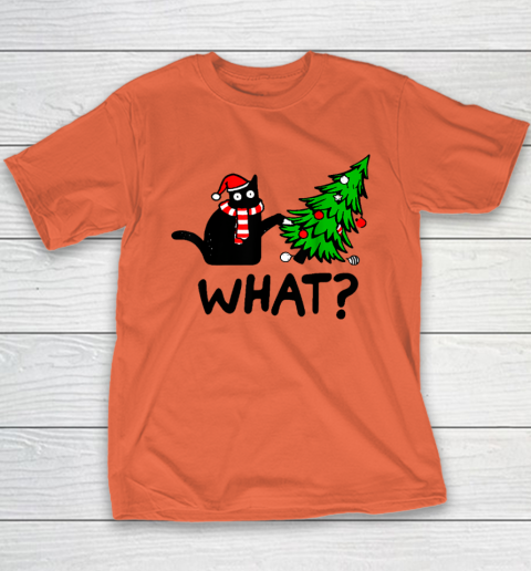 Funny Black Cat Gift Pushing Christmas Tree Over Cat What Youth T-Shirt 2