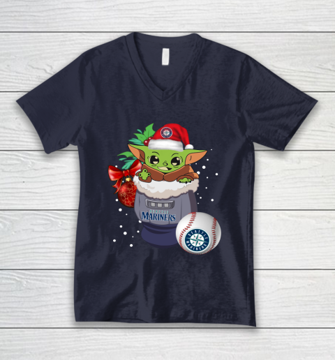 Seattle Mariners Christmas Baby Yoda Star Wars Funny Happy MLB V-Neck T-Shirt 3