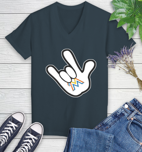 Miami Marlins MLB Baseball Mickey Rock Hand Disney Women's V-Neck T-Shirt 8