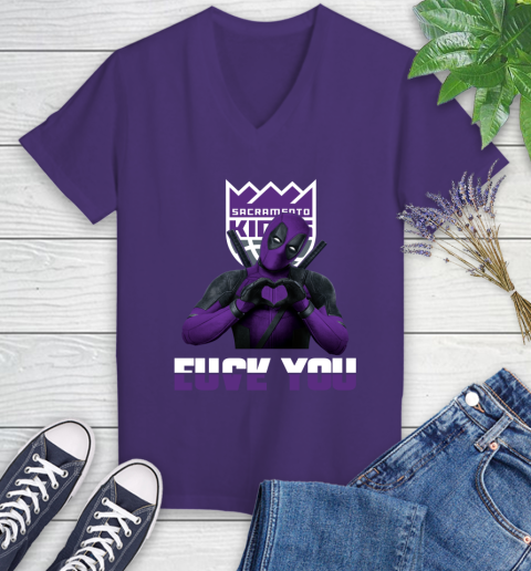 NBA Sacramento Kings Deadpool Love You Fuck You Basketball Sports Women's V-Neck T-Shirt 3