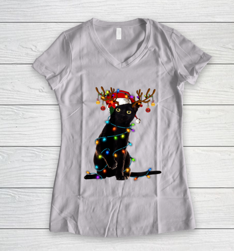 Black Cat Christmas Light T Shirt Funny Cat Lover Christmas Women's V-Neck T-Shirt
