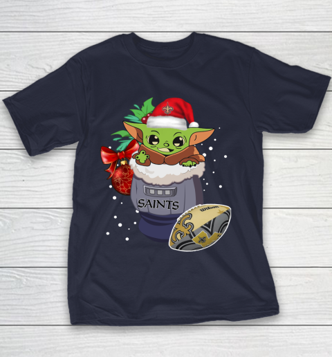New Orleans Saints Christmas Baby Yoda Star Wars Funny Happy NFL Youth T-Shirt 4
