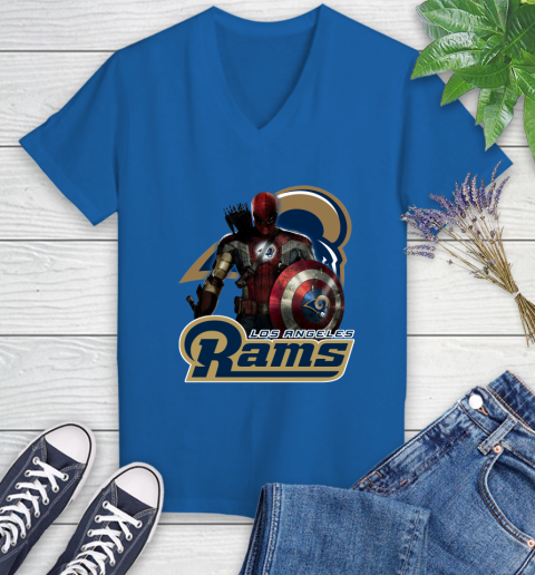 NFL Captain America Thor Spider Man Hawkeye Avengers Endgame Football Los Angeles Rams Women's V-Neck T-Shirt 10