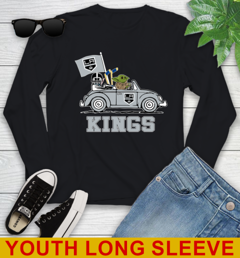 NHL Hockey Los Angeles Kings Darth Vader Baby Yoda Driving Star Wars Shirt Youth Long Sleeve 2