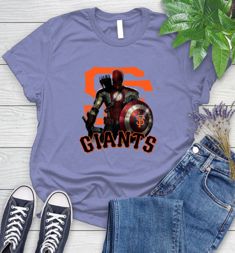 MLB Captain America Thor Spider Man Hawkeye Avengers Endgame Baseball San Francisco Giants Women's T-Shirt 11