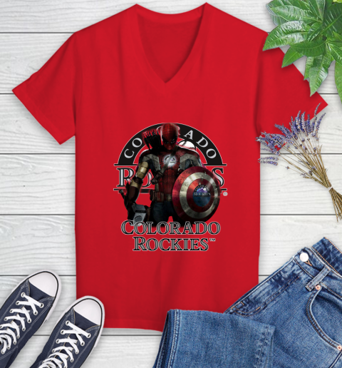 MLB Captain America Thor Spider Man Hawkeye Avengers Endgame Baseball Colorado Rockies Women's V-Neck T-Shirt 12