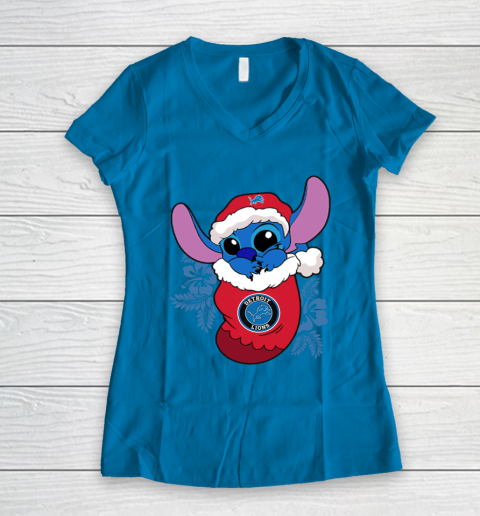 Detroit Lions Christmas Stitch In The Sock Funny Disney NFL Women's V-Neck T-Shirt 7