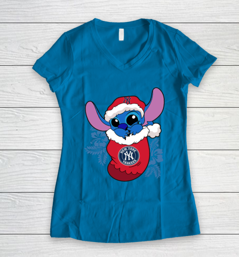 New York Yankees Christmas Stitch In The Sock Funny Disney MLB Women's V-Neck T-Shirt 7