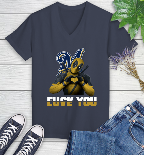 MLB Milwaukee Brewers Deadpool Love You Fuck You Baseball Sports Women's V-Neck T-Shirt 12
