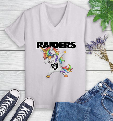 Oakland Raiders NFL Football Funny Unicorn Dabbing Sports Women's V-Neck T-Shirt
