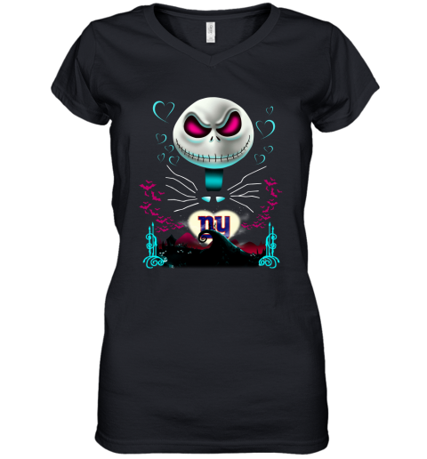 NFL New York Giants Jack Skellington Sally The Nightmare Before Christmas Football XN1YV5KzCnj women v neck t shirt 39 95 151514 front black
