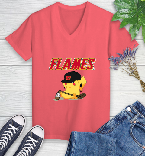 NHL Pikachu Hockey Sports Calgary Flames Women's V-Neck T-Shirt 6