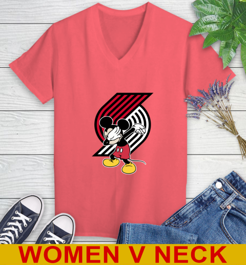 Portland Trail Blazers NBA Basketball Dabbing Mickey Disney Sports Women's V-Neck T-Shirt 7