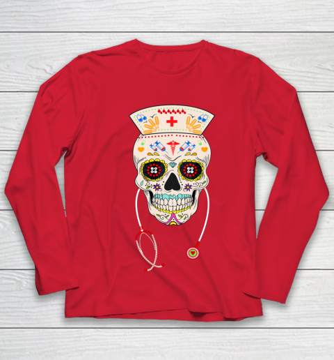 Nurse Sugar Skull Shirt Halloween Day Of The Dead Dia De Los Youth Long Sleeve 8