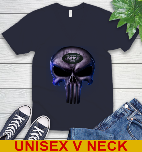 New York Jets NFL Football Punisher Skull Sports V-Neck T-Shirt 2