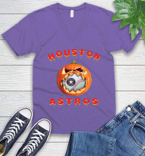 MLB Houston Astros Halloween Pumpkin Baseball Sports V-Neck T-Shirt 10