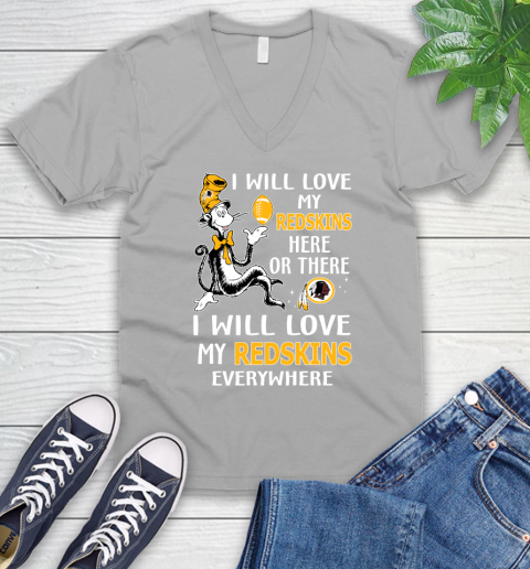 NFL Football Washington Redskins I Will Love My Redskins Everywhere Dr Seuss Shirt V-Neck T-Shirt 3
