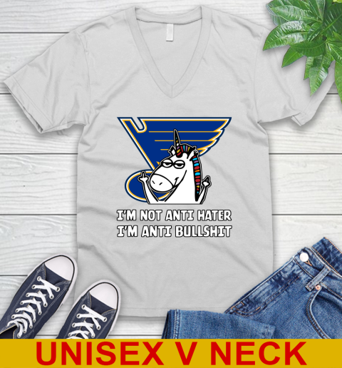 St.Louis Blues NHL Hockey Unicorn I'm Not Anti Hater I'm Anti Bullshit V-Neck T-Shirt