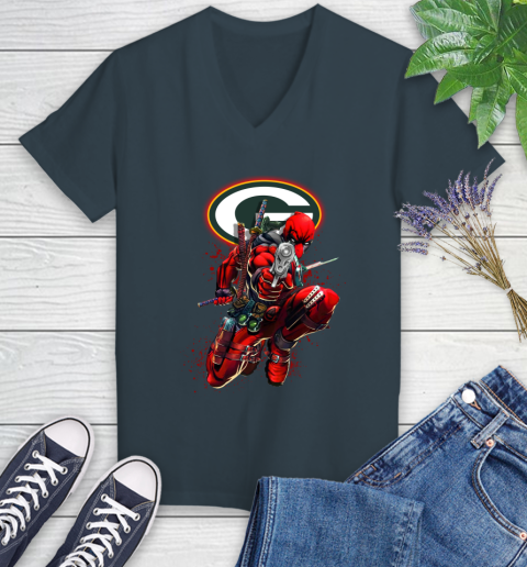 NFL Deadpool Marvel Comics Sports Football Green Bay Packers Women's V-Neck T-Shirt 8