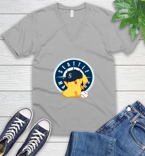 MLB Pikachu Baseball Sports Seattle Mariners V-Neck T-Shirt 4