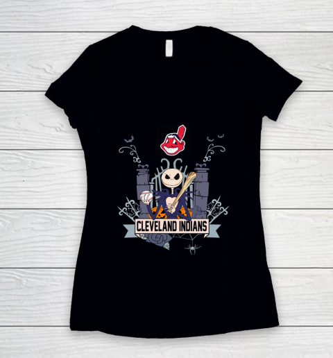 MLB Cleveland Indians Baseball Jack Skellington Halloween Women's V-Neck T-Shirt