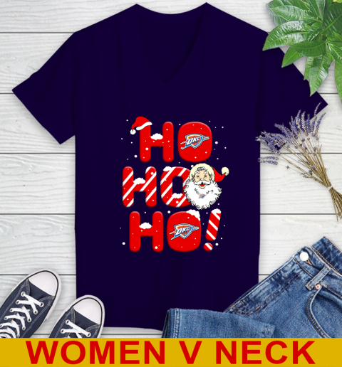 Oklahoma City Thunder NBA Basketball Ho Ho Ho Santa Claus Merry Christmas Shirt Women's V-Neck T-Shirt 3