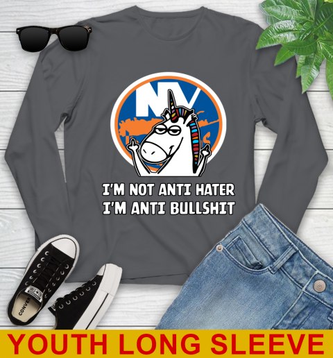 New York Islanders NHL Hockey Unicorn I'm Not Anti Hater I'm Anti Bullshit Youth Long Sleeve 9