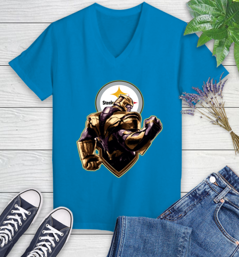 NFL Thanos Avengers Endgame Football Sports Pittsburgh Steelers Women's V-Neck T-Shirt 7