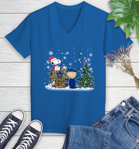 NHL Toronto Maple Leafs Snoopy Charlie Brown Woodstock Christmas Stanley Cup Hockey Women's V-Neck T-Shirt 10