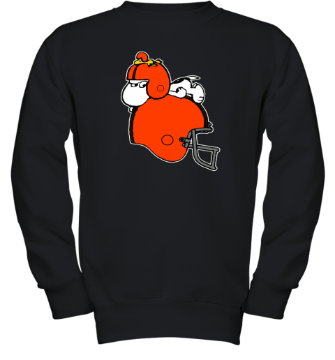 Snoopy And Woodstock Resting On Cleveland Browns Helmet Youth Sweatshirt