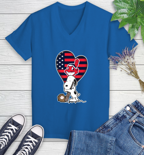 Cleveland Indians MLB Baseball The Peanuts Movie Adorable Snoopy Women's V-Neck T-Shirt 10