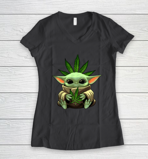 Baby Yoda Hug Marijuana Canabis Women's V-Neck T-Shirt 8