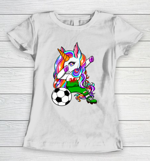 Dabbing Unicorn Wales Soccer Fan Jersey Welsh Football Lover Women's T-Shirt