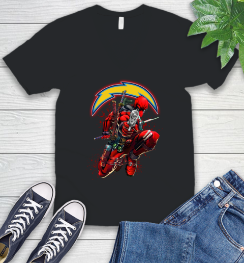 NFL Deadpool Marvel Comics Sports Football Los Angeles Chargers V-Neck T-Shirt 2