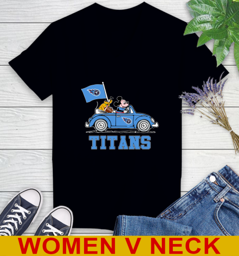 NFL Football Tennessee Titans Pluto Mickey Driving Disney Shirt Women's V-Neck T-Shirt 2